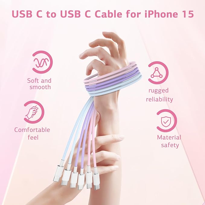 USB C Cable for iPhone 15 Charger Cord 6FT 3 Pack, 60W USB C to C Cable Replacement for iPhone 16 15 Plus 15 Pro Max, MacBook Pro 2021,Pad 12.9 inch/Air 5/4,for Samsung Galaxy S23 Ultra-Colorful