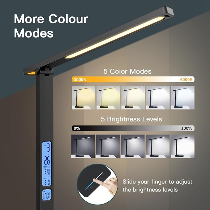 LAOPAO LED Desk Lamp with Wireless Charger: Desk Lamps for Home Office Bedroom, 5 Color Modes & Brightness Dimmable, 2 Night Light