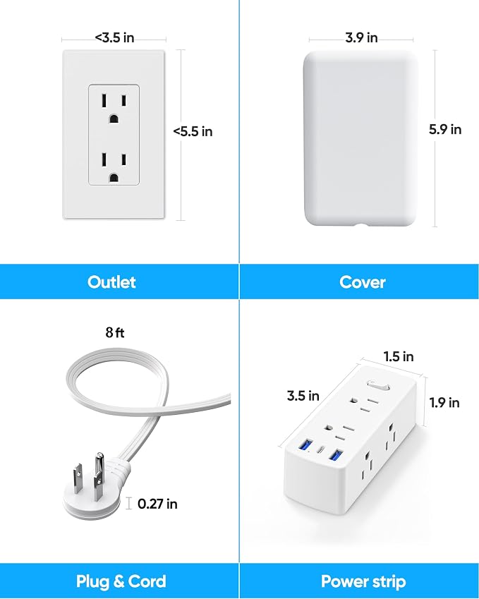 Flat Extension Cord with Outlet Cover, Olcorife Flat Plug Power Strip with 6 Outlets and 3 USB Ports, 2000 Joules Surge Protector, 8 FT Cord Hidden Outlet Extender for Tight Spaces