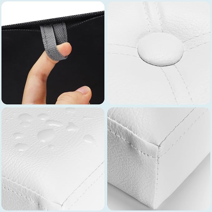 Bsketa Storage Ottoman Foot Rest Stool, Small Leather Storage Ottomans Bench, Folding Footstool with Side Pockets, Foot Rest Under Desk for Living Room Bedroom, 17x13x13 in, White