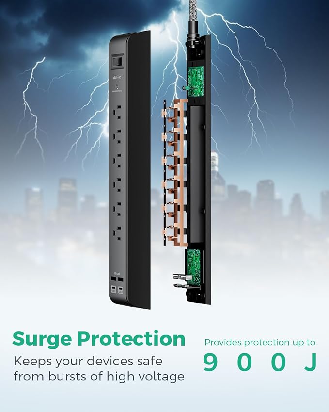 2 Pack 15FT Surge Protector Power Strip, Long Extension Cord with 6 Outlets 4 USB Ports, Flat Plug, 900 Joules, Wall Mount for Home Office Dorm