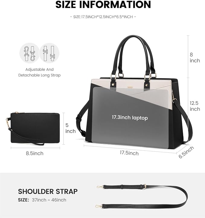 LOVEVOOK Laptop Tote Bag for Women, Waterproof Leather Business Office Work Bag Computer Briefcase with Small Clutch fit for 17.3 Inch Laptop,Black-Beige