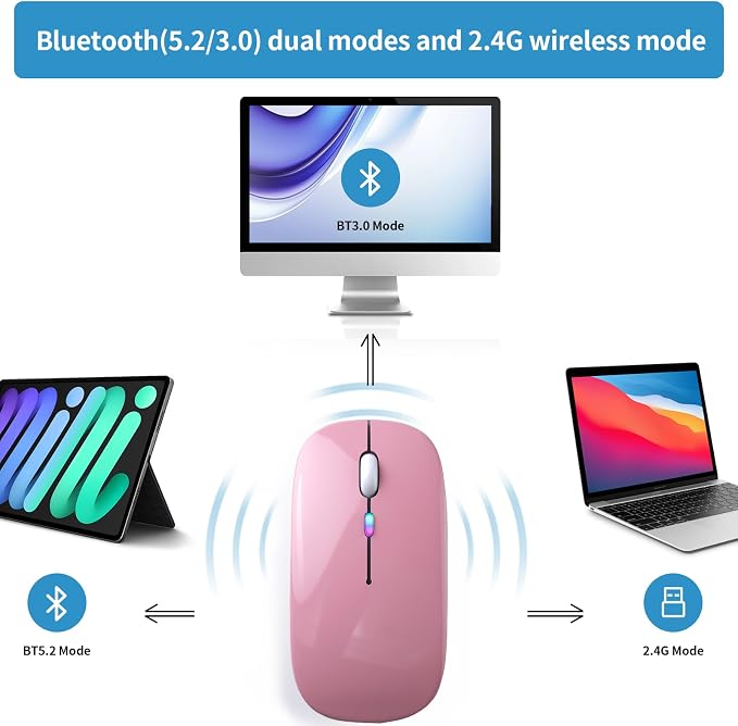 Wireless Bluetooth Mouse, Rechargeable, LED, Silent, Ultra-thin Design (Bluetooth 5.2 and 2.4GHz USB Receiver) | Portable Computer Mouse for Laptops, iPads, MacBooks and Apple Devices (Rose gold)