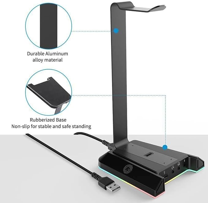EKSA RGB Headset Stand, Headphone Stands with 7.1 Surround Sound & USB/3.5mm Port, Desk Gaming Headsets Holder with Aluminum Alloy Rod & Non-Slip Rubber Pad, Suitable for Most Gamer Desktop Earphones