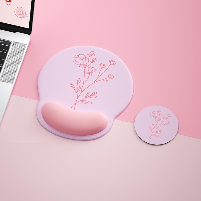 Ergonomic Mouse Pad with Wrist Rest,Mousepad with Wrist Support - Cute Gel Portable Mouse Pads for Desk Laptop,Computer,Office & Home Decor-(Pink Plants)