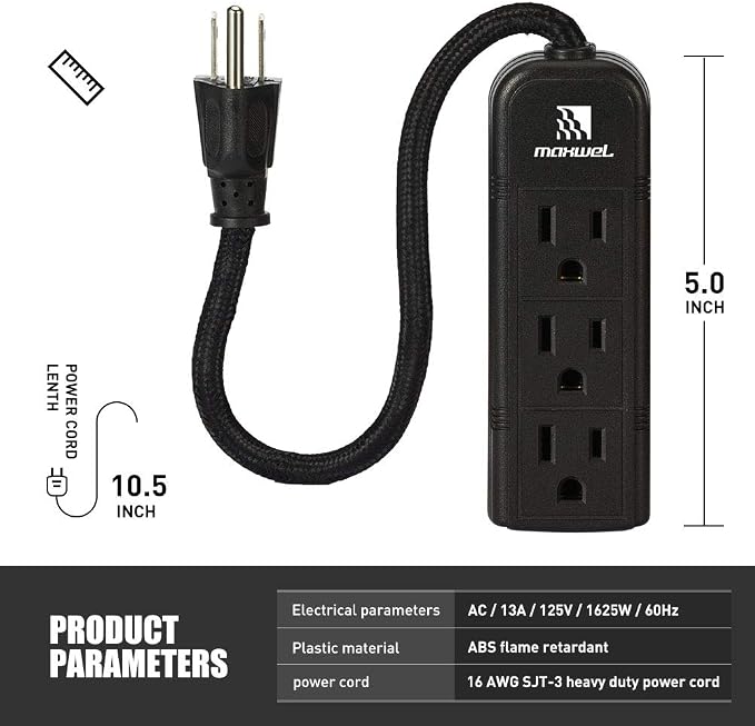 Power Strip Wall Mountable - ETL Listed 3 Grounded Outlets 10 Inch Braided Short Cord Black Mini Power Strips with No Surge Protector AC 13A 125V 1625W Outlets Compact Extension for Travelling