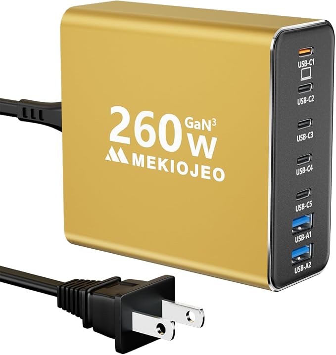 Aluminum Alloy 260W USB C Charger GaN Fast USB C Charging Station 7 Ports 65W Laptop Charger for MacBook Pro/Air/iPad Pro/iPhone (Glod)