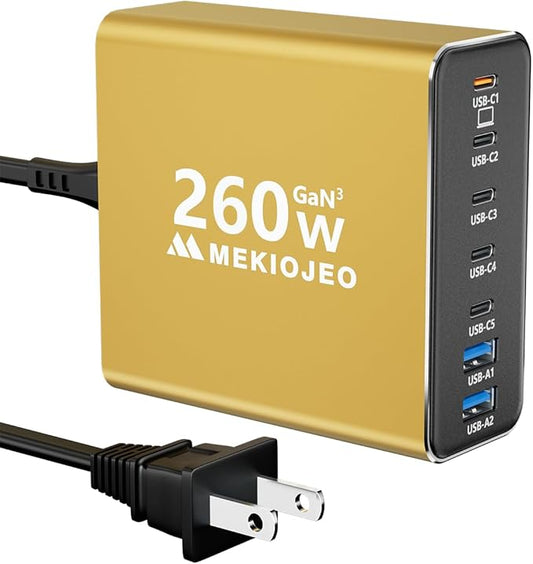 Aluminum Alloy 260W USB C Charger GaN Fast USB C Charging Station 7 Ports 65W Laptop Charger for MacBook Pro/Air/iPad Pro/iPhone (Glod)