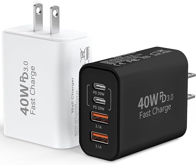 USB C Wall Fast Charger Block, 40W 4-Port Type C Chargers Fast Charging Blocks PD Power Charger Adapter+QC 3.0 USB Multiport Charger Brick for Phone 17/16/15/14/13/12 Pro Max, i-Pad, Galaxy S25-2Pack