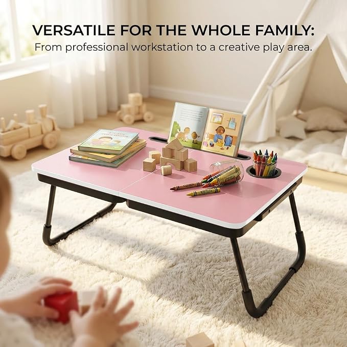 BUYIFY Foldable Laptop Bed Desk for Couch, Sofa - Large Lap Desk Tray Table with Cup Holder and Tablet Slot - Portable Notebook Stand for Eating, Writing, Studying and WFH (Pink)