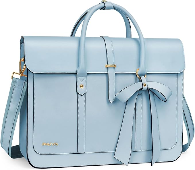MOSISO Laptop Bag for Women, 13-14 inch PU Leather Laptop Shoulder Bags Convertible Backpack, 13.3 inch Messenger Bags Casual Handbag Work Briefcase Travel Computer Bag with Bowknot, Air Blue