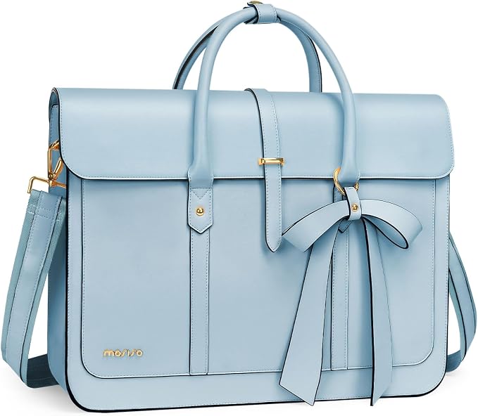 MOSISO Laptop Bag for Women, 15-15.6 inch PU Leather Laptop Shoulder Bags Convertible Backpack, 16 inch Messenger Bags Casual Handbag Work Briefcase Travel Computer Bag with Bowknot, Air Blue