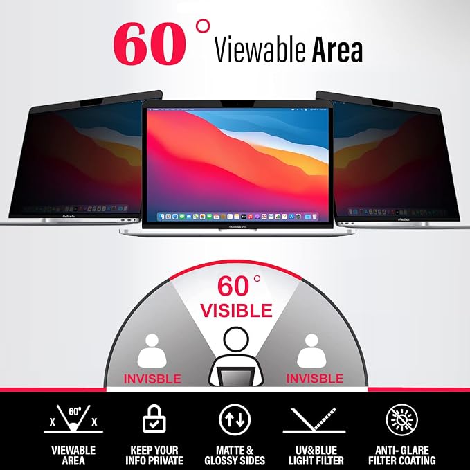 Privacy Screen for MacBook Air 13 Inch (2018, 2019, 2020, 2021, M1) Removable Laptop Privacy Filter Shield and Protector For Macbook Pro 2016, 2017, 2018, 2019, 2020, 2021*, 2022, M1, M2