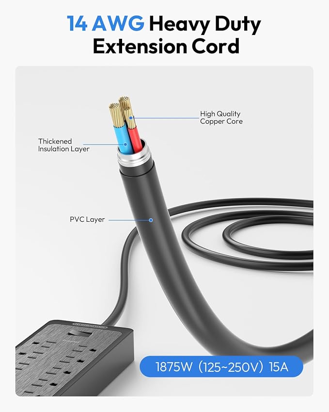 NTONPOWER 25 Ft Extension Cord Flat Plug, 12 Outlets(2 Widely Space) 3 USB with 2100J Power Strip, Overload Protection, 1875W/15A, Wall Mount for Home Office, Workbench or Garage,Black