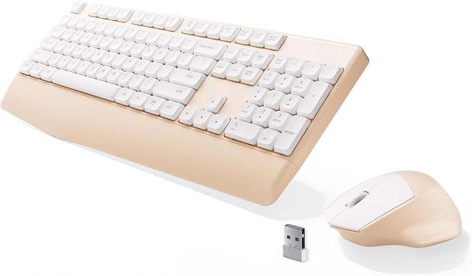 MPTOG Ergonomic Keyboard and Mouse Combo with Wrist Rest, BK Chipset, Full-Size Colorful Office Keyboard and Mouse, Power Button, USB Receiver for PC Laptop (Khaki White)