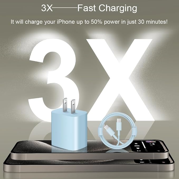 iPhone 17 16 15 Charger Fast Charging 3+3Pack 20W USB C Wall Charger with 10FT Fast Charging Cable Compatible with iPhone 17/17 Air/17 Pro/17 Pro Max/iPhone 16/15 Series, iPad Pro/AirPods -Blue