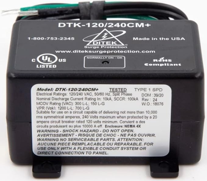 DITEK DTK-120/240CM+ Surge ARRESTOR, Parallel Protector, Multi-Purpose, NEMA 4X, UL1449 Listed, SPD, Type 1, 2W(+G), 120/240VAC