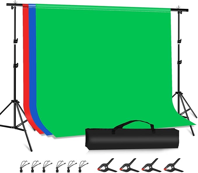 PULUZ Photo Background Support System with 9.5x6.5ft/300x200cm Backdrop Stand Kit, Portable greenscreen Background and Blue Red Backdrop for Photography, Video Shooting, Live Streaming, Party