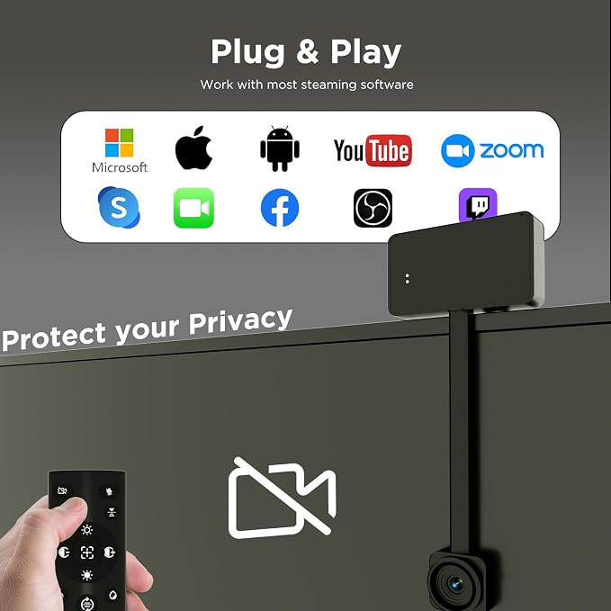4K Webcam for PC with Remote Control, Ultra HD 1/2.55'' Sensor, Autofocus, 10x Digital Zoom, Low Light Performance, Streaming Camera for PC/Video Calling/Zoom/Skype/Teams