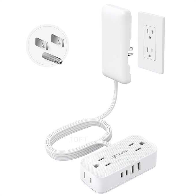TROND 10FT Flat Extension Cord with Ultra-Thin Outlet Cover, Flat Wall Plug Power Strip with 4 AC 4 USB Ports, Hidden Outlet Extender for Tight Spaces, 10A/1250W, 900J Surge Protection, White