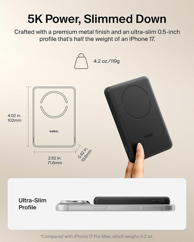 Belkin MagSafe Power Bank 5,000mAh, Ultra-Slim Portable Charger Magnetic Back Supports MagSafe Accessories On-The-Go, Wireless Battery Pack w/USB C Cable for iPhone 17, Pixel 10, Travel - Sand