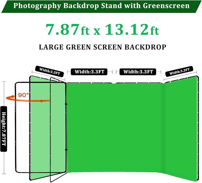 7.87ft x 13.12ft Green Screen Backdrop with Stand, Large Professional Collapsible Backdrop System for Photo Studio, Video Shooting, Live Streaming, Gaming