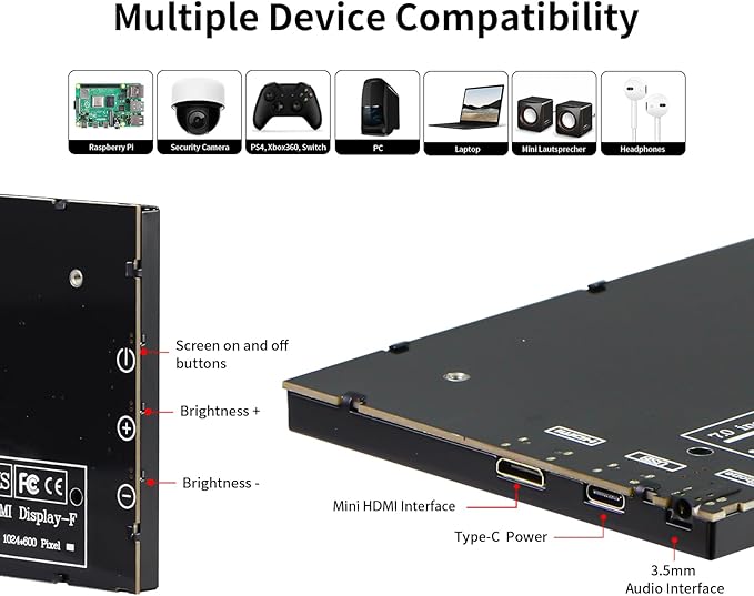 CUQI 7 Inch Mini Monitor, IPS 1024 × 600 HDMI Portable Monitor with Leather Stand for Raspberry Pi 5/4, Laptop, PC, Switch, Xbox, PS4