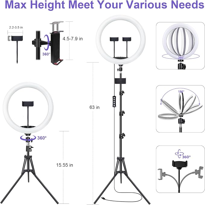 13" Selfie Ring Light with 76" Tripod Stand & 3 Phone Holder, LED Camera Ringlight with 48 RGB Colors Modes & Musical Rhythm Mode and 12 Brightness Dimmable for Makeup/Photography/Videos/Vlog/TikTok