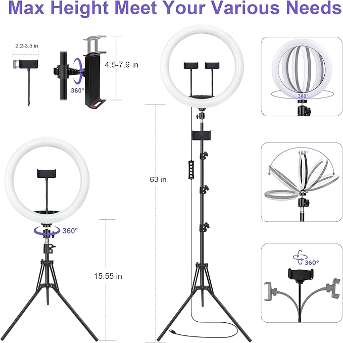 10" Selfie Ring Light with 73" Tripod Stand & 1 Phone Holder, LED Camera Ringlight with 48 RGB Colors Modes & Musical Rhythm Mode and 12 Brightness Dimmable for TikTok/Makeup/Photography/Vlog