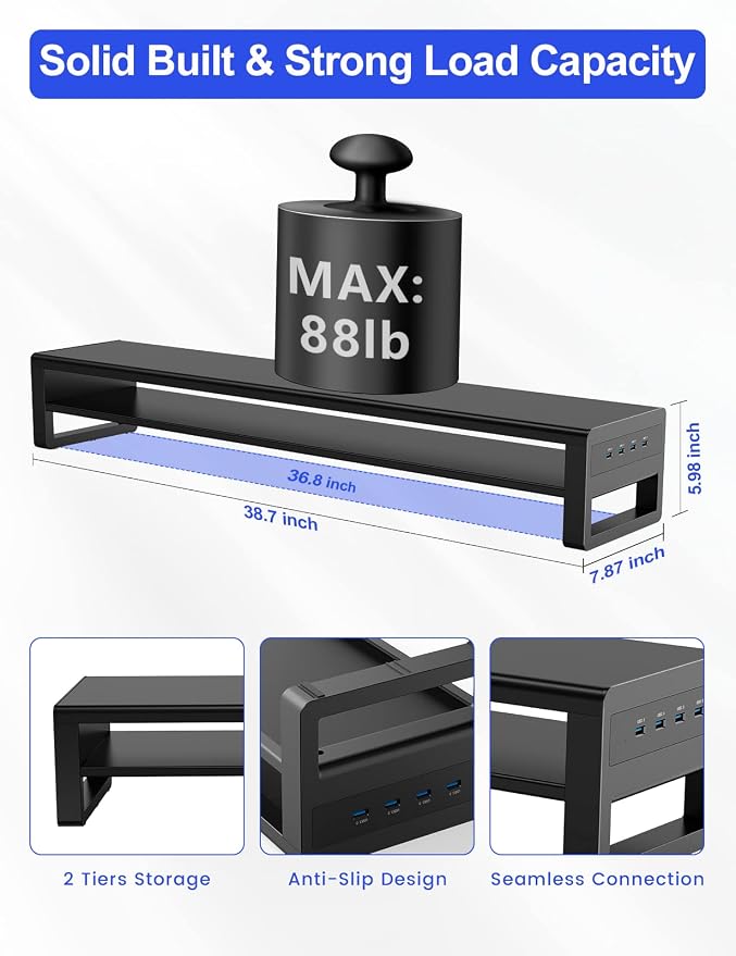 2 Tiers Dual Monitor Stand with 4 USB 3.0 Hub Ports, Double Monitor Riser, Metal Desk Stand with Storage, Long Screen Raiser for 2 Monitors/PC/Laptop/Computer Space Saver Organizer Office Home School