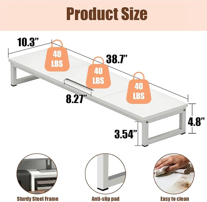 Dual Monitor Stand Riser, 38.7'' Long Wood and Steel Monitor Stand for 2 Monitors, Ergonomic Desktop Organizer with Tablet Stand for Computer,Laptop,TV (White)