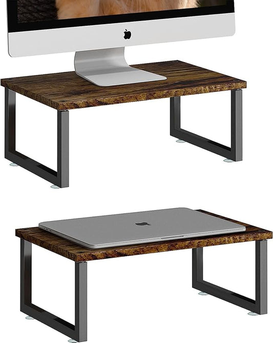 Simple Trending 2 Pack Monitor Stand Riser, Wood Desk Storage Organizer for Office Laptop, Computer, Antique Brown