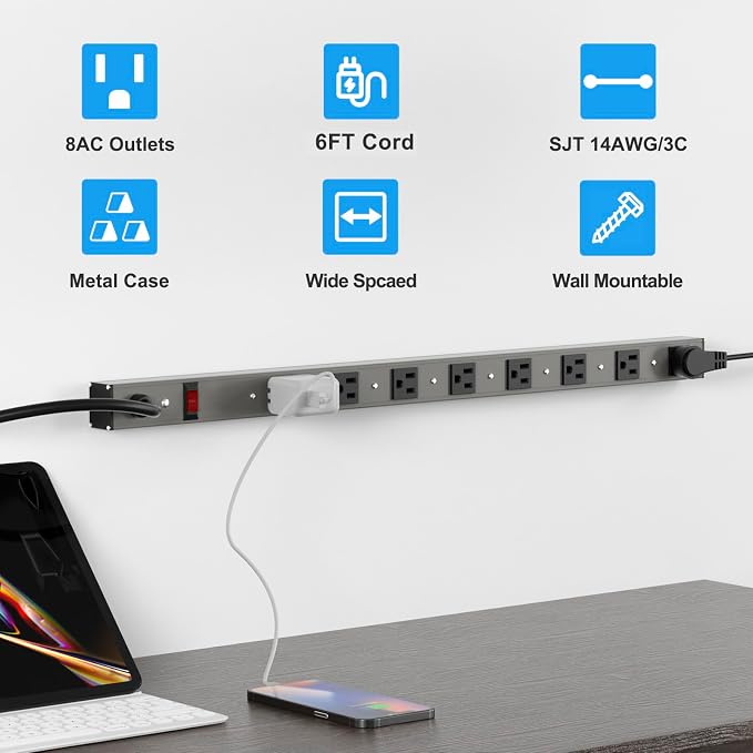 8 Outlets Surged Aluminum Alloy Heavy Duty Metal Socket Power Strip,Oviitech 6-Foot Long Extension Cord with Surge Protection.ETL Certified,Aluminum Alloy Silver with Black Hole.