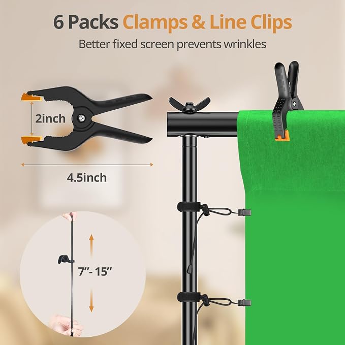 10×7FT Adjustable Green Screen Backdrop Stand Kit, 6×9FT Greenscreen Background with Photography Stand, 6 Clamps and Carrying Bag for Photo Shoot, Video Recording, Streaming, Decoration