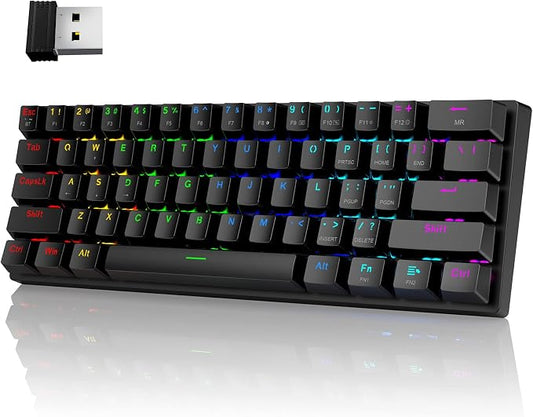 Pauroty 60% Wireless Mechanical Keyboard, Triple Mode 2.4G/USB-C/Bluetooth Gaming Keyboard, RGB Backlit, Clicky Blue Switch, 61 Keys Rechargeable Mini Wireless Keyboard for iPad Mac PC Xbox