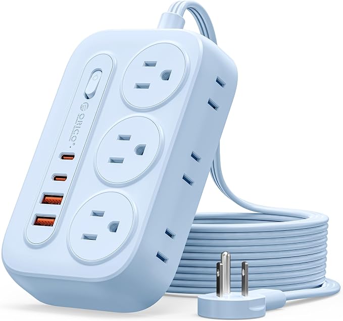 ORICO Surge Protector Power Strip, PD20W Multiple Outlets Extension Cord with 6 AC Outlets and 4 USB Charging Ports (2 USB-C), 45° Flat Plug, 10 Ft Mountable Outlet Extender for Home/Office/Dorm - OG