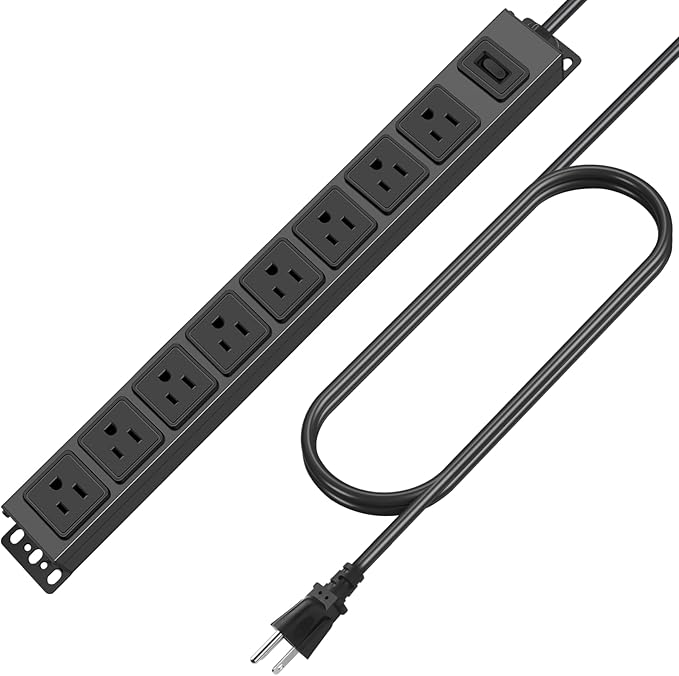 HHSOET Magnetic Mount Power Strip, 8 Outlet Mountable Socket, Metal Heavy Duty Surge Protector, Gaming Table Outlet, Easy to Fix Without Drilling or Taping, 15FT Extension Cord.(Black)