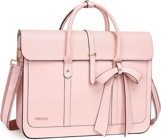 MOSISO Laptop Bag for Women, 13-14 inch PU Leather Laptop Shoulder Bags Convertible Backpack, 13.3 inch Messenger Bags Casual Handbag Work Briefcase Travel Computer Bag with Bowknot, Pink