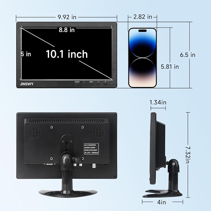 10.1" Security Monitor, 1024x600 HD Display, HDMI VGA BNC AV USB Ports, Small Monitor with Built-in Speakers & Remote Control, for CCTV Surveillance, DVR, PC, Raspberry Pi