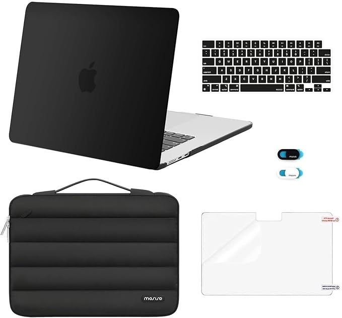 MOSISO Compatible with MacBook Air 15 inch Case M5 2026 M4 2025 M3 2024 M2 2023 A3448 A3241 A3114 A2941, Plastic Hard Shell Case&Puffy Sleeve Bag&Keyboard Skin&Webcam Cover&Screen Film, Black