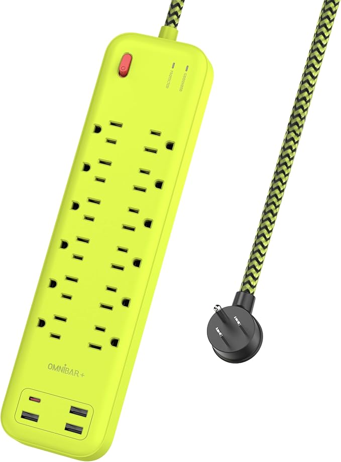 USB Surge Bar 12 Power Strip - 12 Outlets 4 USB Ports(1 USB C), Multi Plug Outlet Extender with 6Ft Braided Extension Cord, 3600 J, Wall Mount, Flat Plug, Desk Charging Station for Office Home