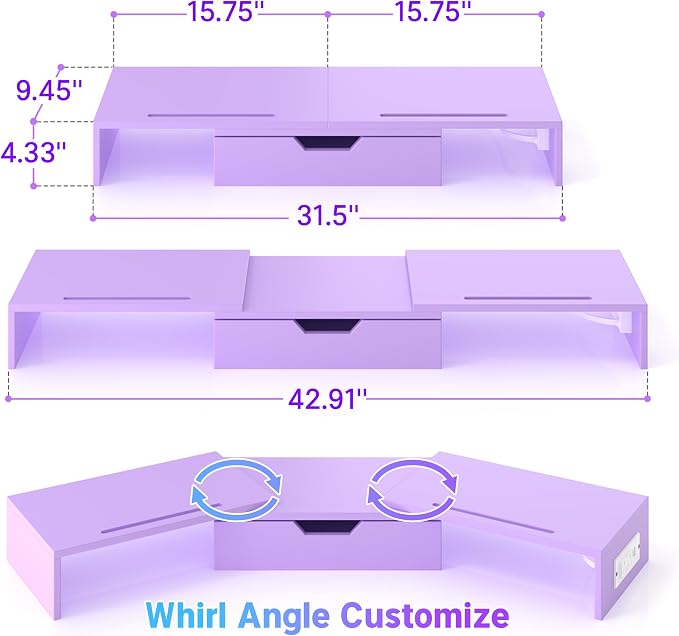 Elephance Dual Monitor Stand with USB Ports,Wood Computer Monitor Stand with Drawer,Adjustable Monitor Stand Riser,Desk Organizer for PC,Computer,Laptop,Purple Pink