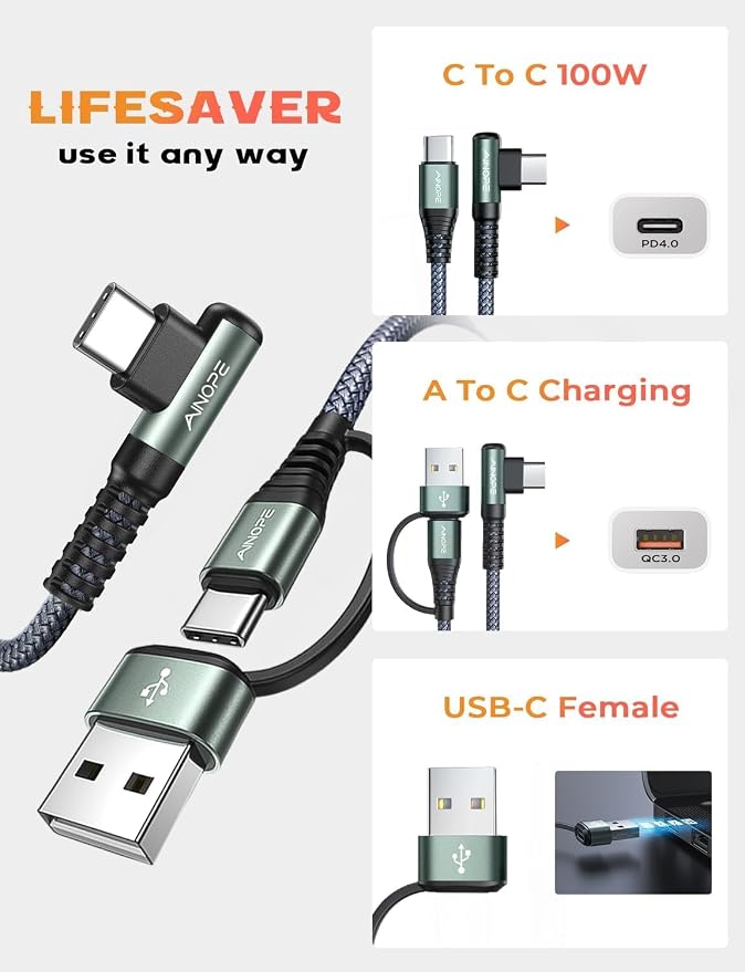 AINOPE 10 FT USB C Cable Fast Charging, 240W USB-C Charge Cable with Adapter, Fast Charger USB C Cable Supports 100W, Right Angle USB C Fit MacBook Pro/Air, iPad Pro/Air, iPhone 17/16/15, 10FT Grey