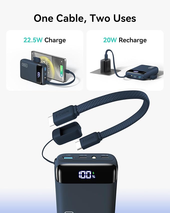 INIU Smallest 20000mAh Power Bank, 22.5W PD Fast Charging Portable Charger with USB-C Cable, Flight-Safe Battery Pack for Travel & Students Dorm & Vacation, Mini Size for iPhone Samsung iPad, Blue