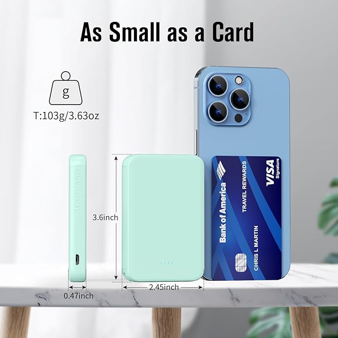 S22 Portable Charger, Mini Colorful Power Bank, PowerNano, 5000mAh External Battery Pack Compatible with iPhone 15/14/13/12/11/X All Series and Android Phone,Green
