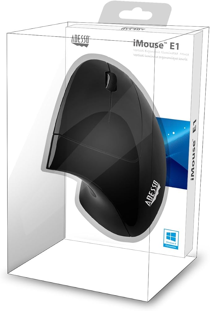 Adesso iMouse E1 - Vertical Ergonomic Illuminated Mouse - Optical - Cable - Glossy Black - USB - 1600 dpi - Scroll Wheel - 6 Button(s) - Right-Handed Only - IMOUSE E1