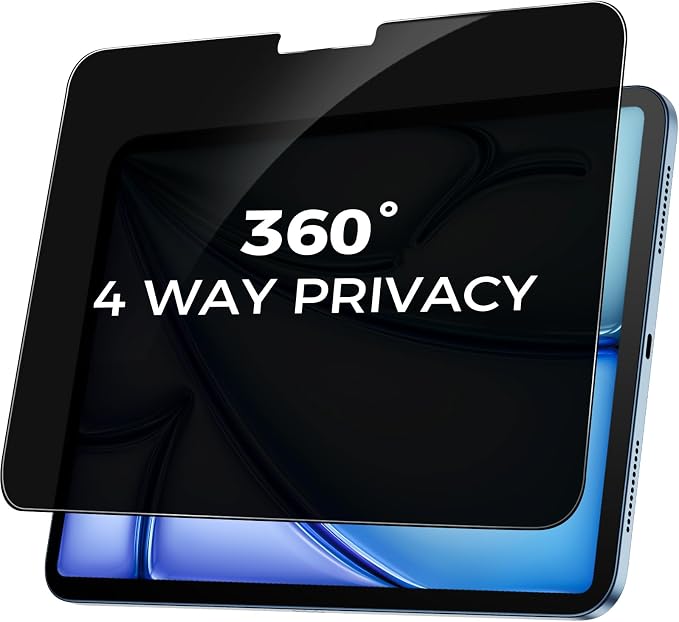 360° 4 Way Privacy Screen Protector for iPad Air 11 Inch M3 M2 (7th/ 6th Generation, 2025/2024), 360 Degree Anti-Spy Tempered Glass Film for iPad Air 11, Touch Sensitive, Case Friendly, 1 Pack