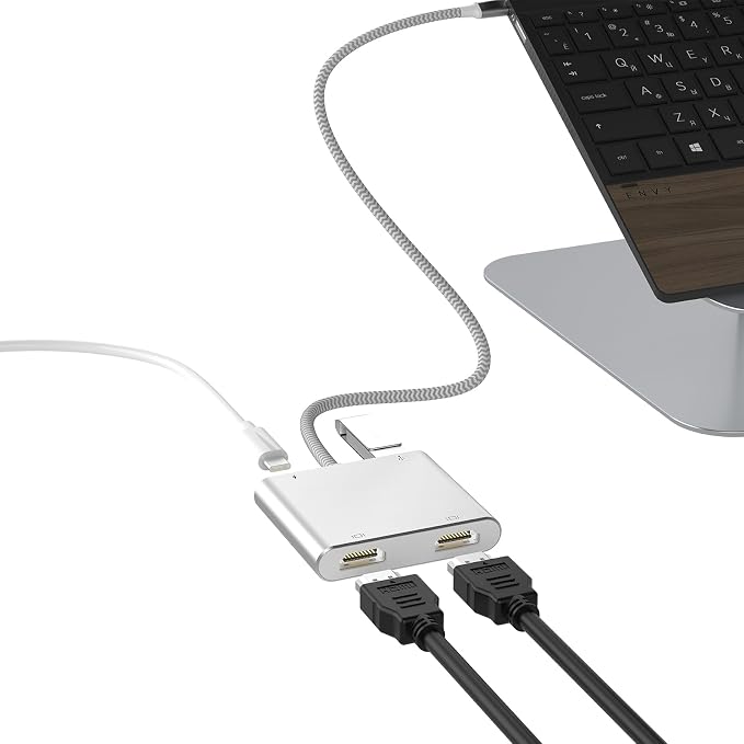 USB C to Dual HDTV Adapter, Silver 19.7in Braided Cable with 4K@60Hz with 100W PD, USB-A, Support C to 2 HD Splitter Extended Display for Type C Devices (MacOS only Mirrors Same Screen)