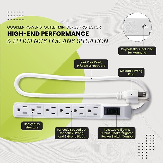 Go Green Power 6-Outlet Mini Surge Protector, 90 Joules, Circuit Breaker, Mountable, White – Ideal for Computers & Home Appliances