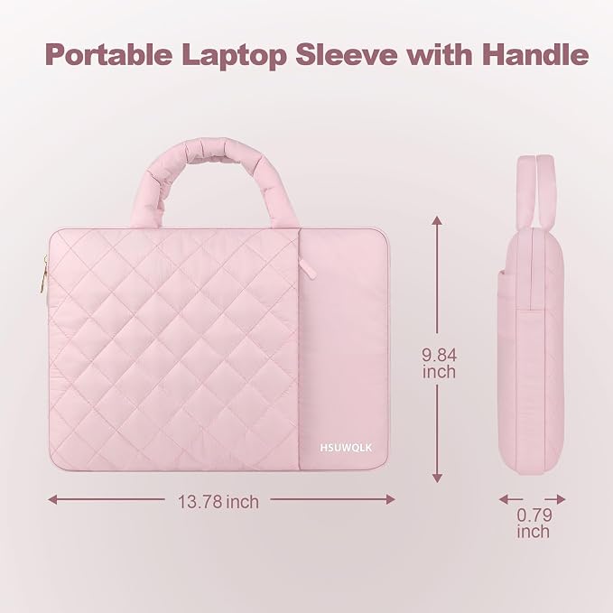 Laptop Case 13.3 inch,13-13.3 inch Puffy Laptop Sleeve Bag Compatible with MacBook Neo 13/Air 13 13.6/Pro 13/Pro 14,Square Quilted Bag with Vertical&Back Horizontal Pockets&Handle&Belt, Pink